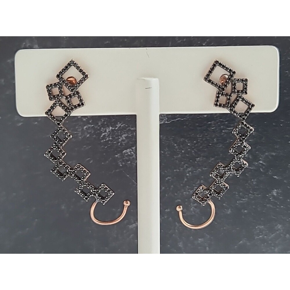 925 Rose Vermeil Black CZ Dangling Pierced Earrings Vintage